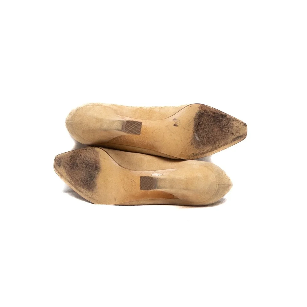 Vintage Chanel Beige Brown Quilted Cap Toe Suede Block‎ Heel PUMPS Size EU36/US6